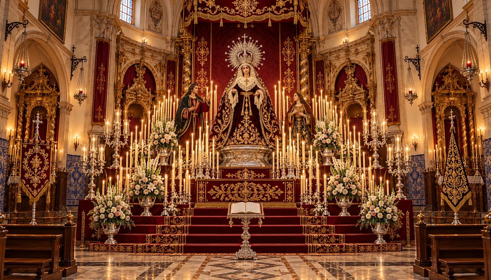 Arte promocional. Monta un culto de primera: Dosel, colgaduras, candelería, jarras y la imagen titular en lo alto: todo son piezas del configurador de cultos.
