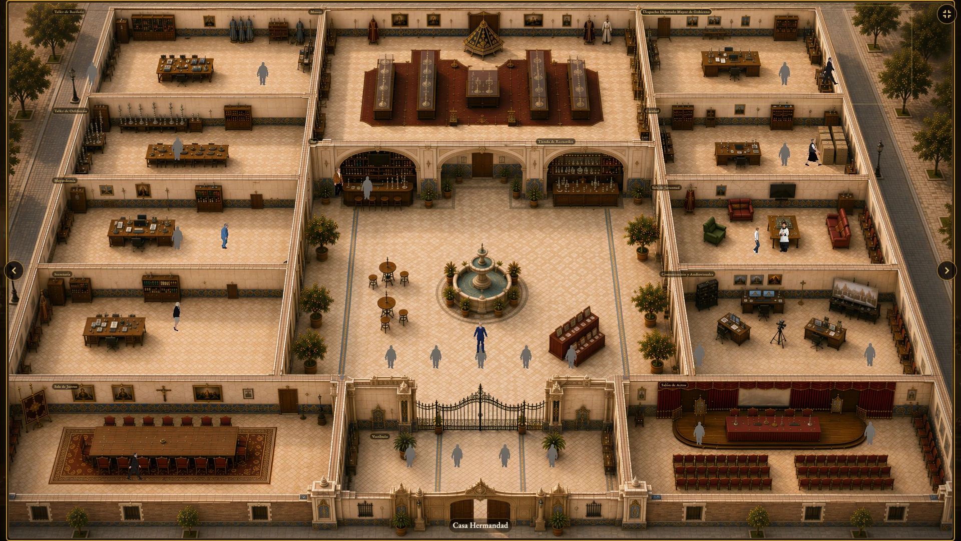 Captura del juego. Tu hermandad tiene casa: La Casa Hermandad, sala por sala. Entras en cada una y allí está quien la lleva.