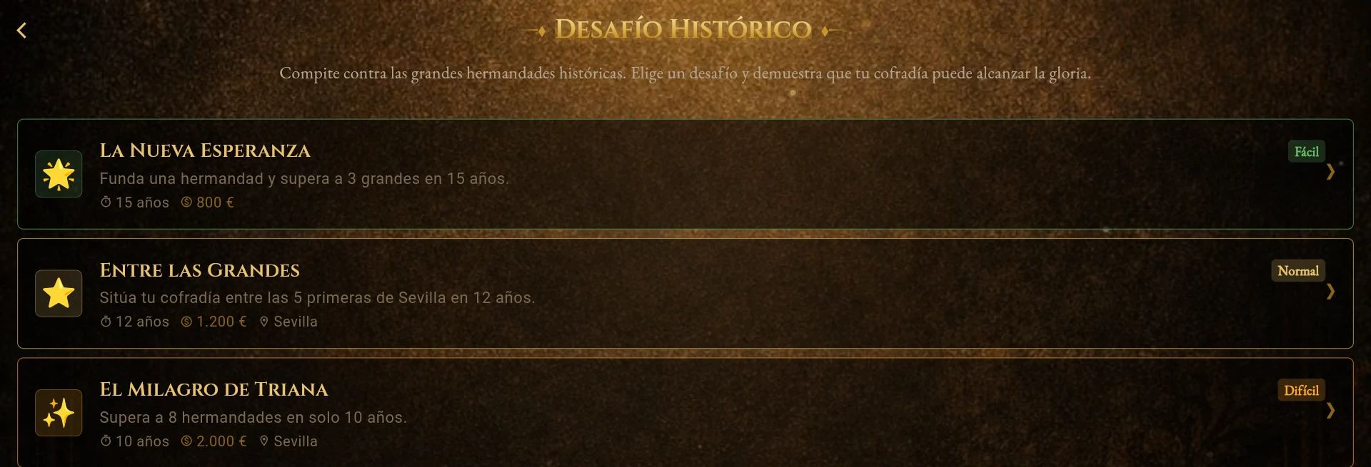 Captura del juego. Desafíos con historia: Superar a las grandes, colarte entre las cinco primeras… cada reto con su plazo.