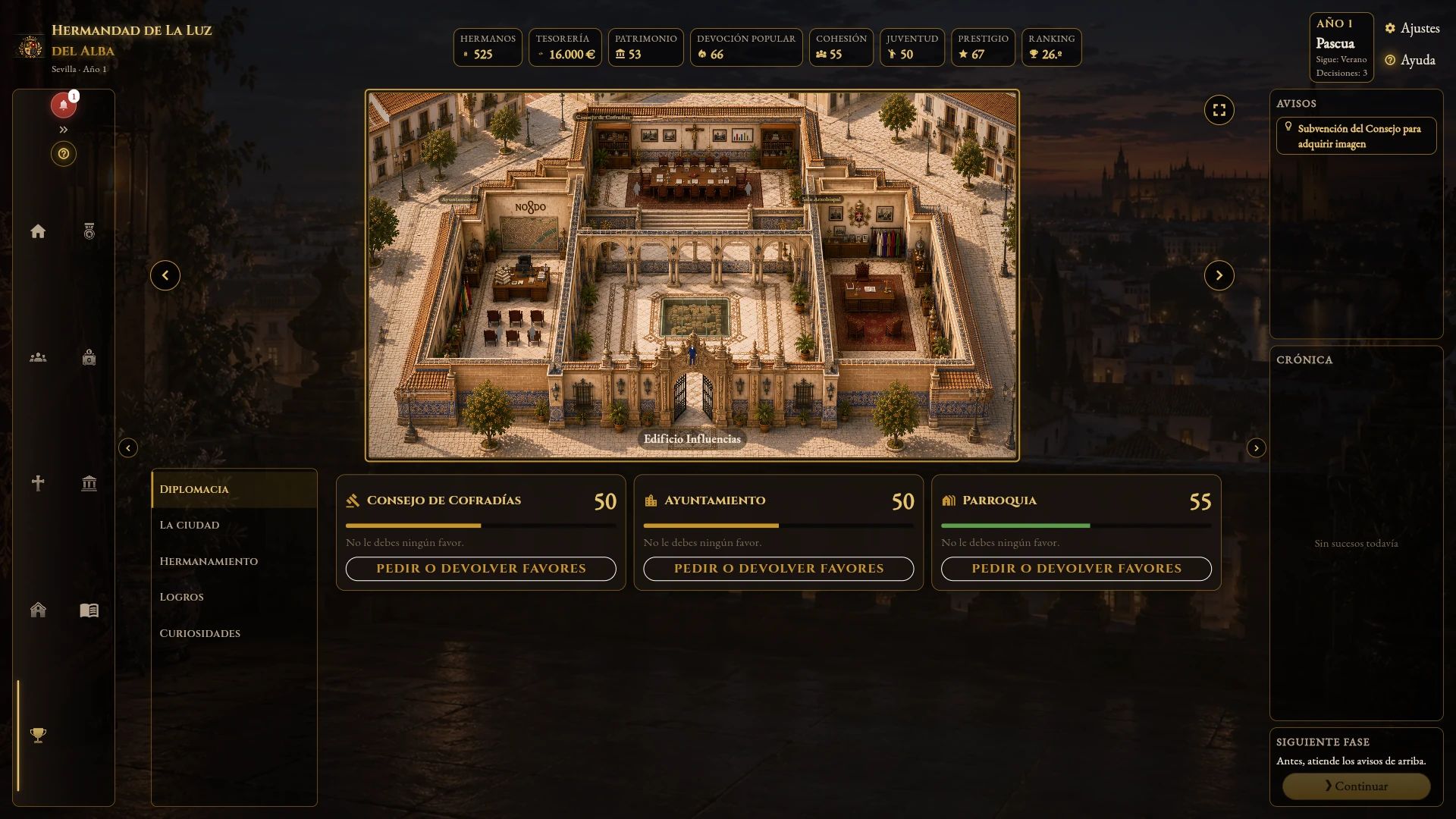 Captura del juego. Favores que se piden y se devuelven: El Consejo de Cofradías, el Ayuntamiento y la Parroquia: cada uno lleva la cuenta de lo que le debes.