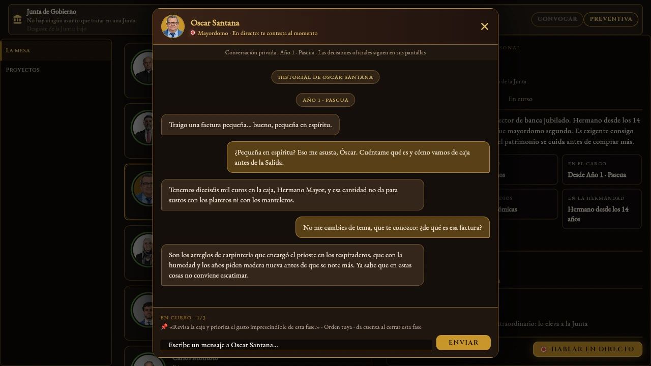 Captura del juego · respuesta real de la IA. Háblales en directo: Escríbele a cualquier cargo con tus palabras. Estas dos respuestas las escribió la IA del juego al momento, con el carácter del Mayordomo y la caja de la partida.