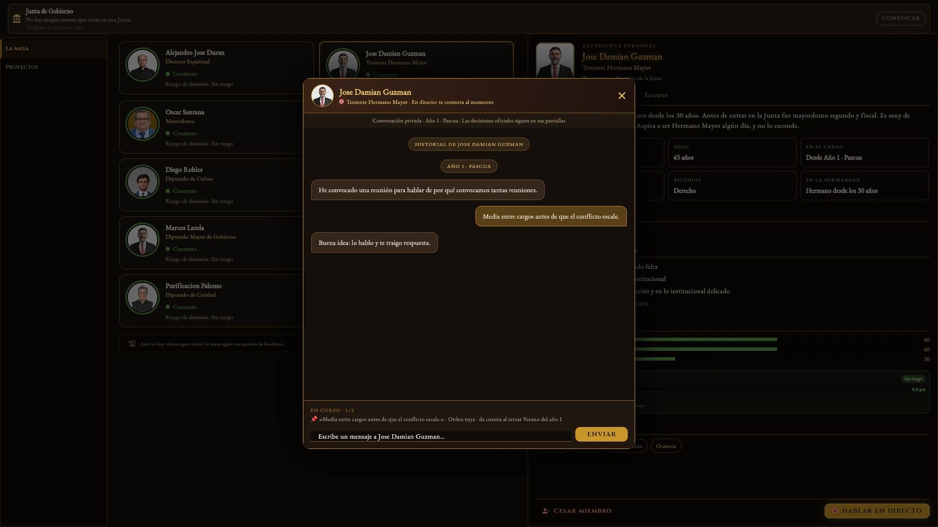 Captura del juego. Y apunta lo que le encargas: Lo que le pides queda «en curso», y te da cuenta al cerrar la fase.