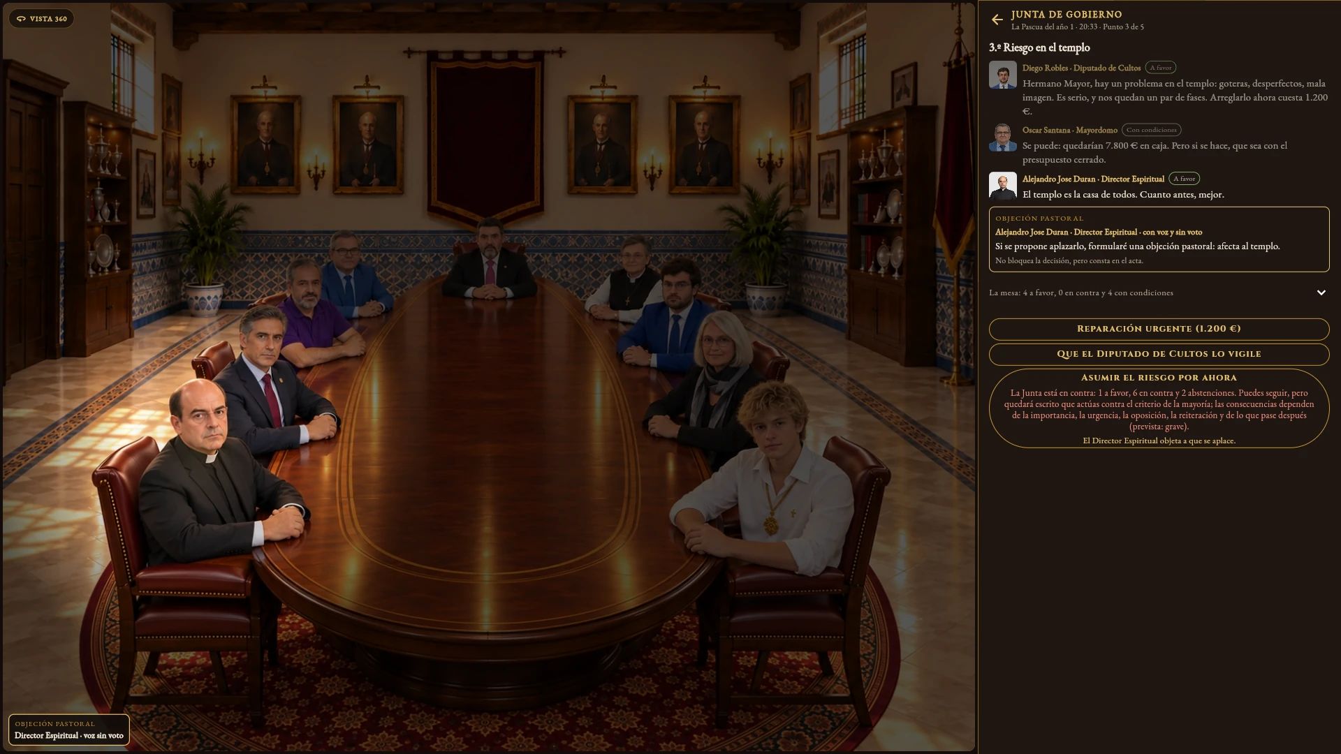 Captura del juego. Cada cargo opina y vota: A favor, en contra o con condiciones. Si decides contra la mayoría, queda en el acta.