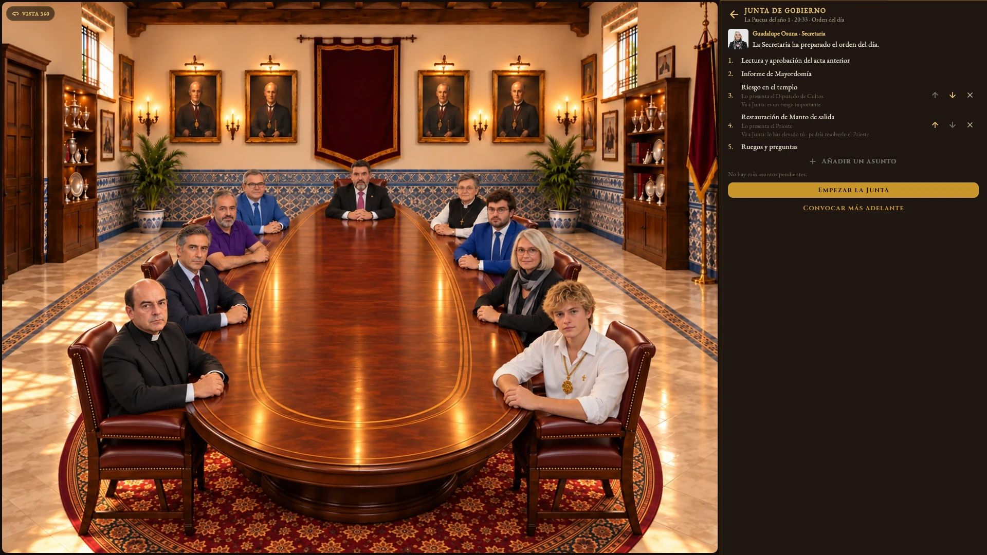 Captura del juego. Convoca a tu Junta: Los nueve cargos, a la mesa. La Secretaria trae el orden del día; tú lo ordenas y añades asuntos.