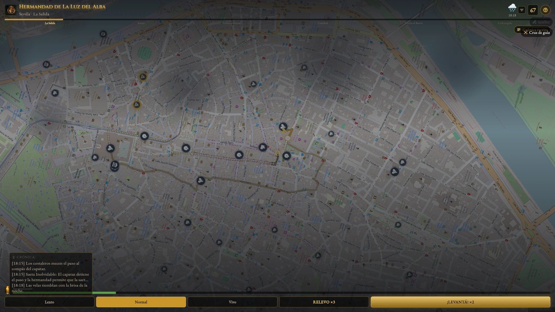 Captura del juego. Sigue a tu cofradía: El recorrido por el mapa de Sevilla, con sus hitos, la crónica y los relevos y levantás.