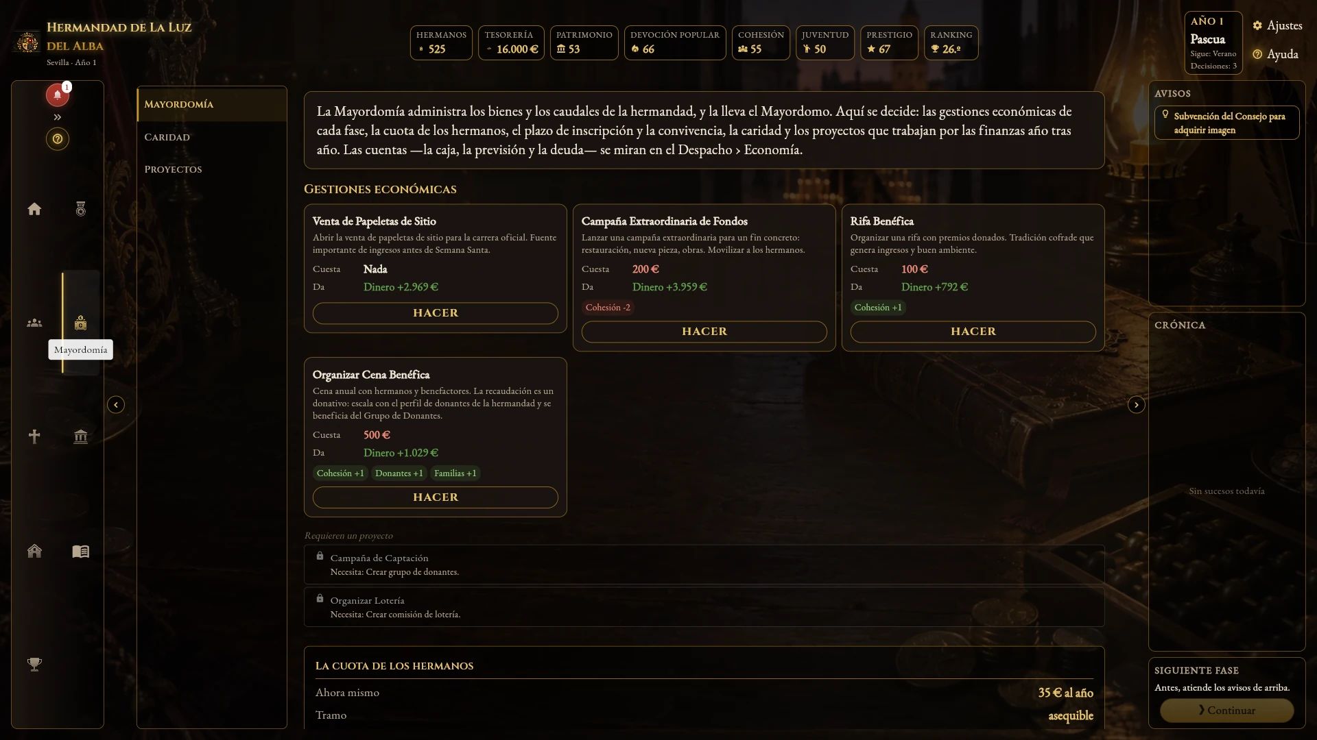 Captura del juego. Cada decisión cuesta algo: Papeletas de sitio, rifas, campañas de fondos: cada gestión dice lo que cuesta y lo que da.