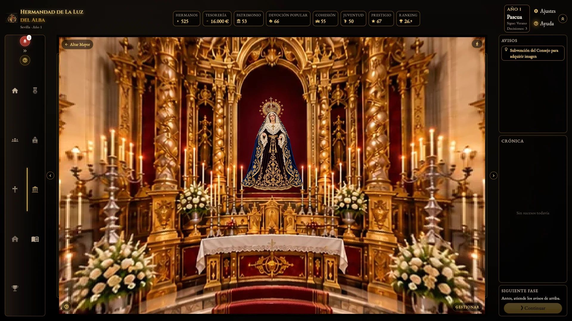 Captura del juego. El Altar Mayor de tu templo: Con la imagen titular en su camarín, en la vista 360.