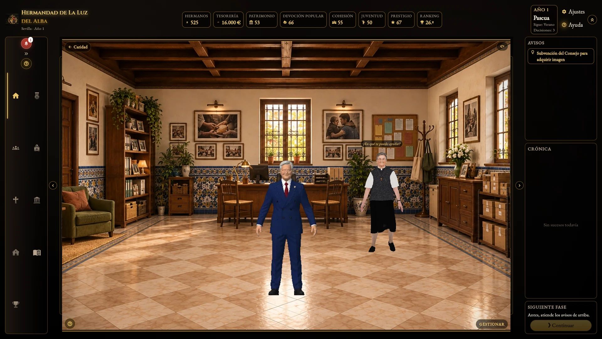 Captura del juego. Caridad: La diputada de Caridad, en su sala: «¿En qué te puedo ayudar?»