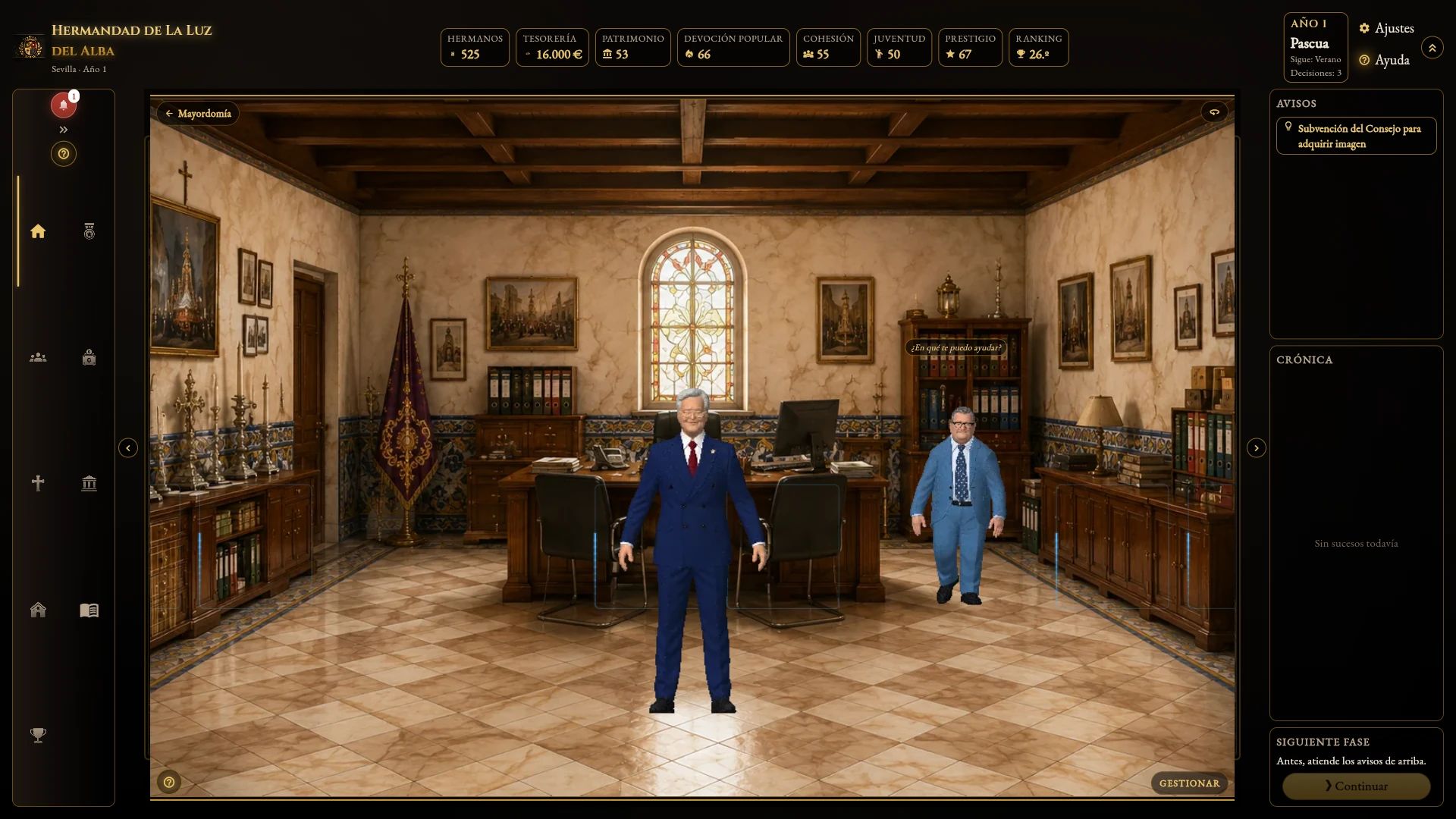 Captura del juego. Entra en cada sala: La Mayordomía, con el Mayordomo en su despacho. Cada cargo tiene su sitio, y a veces sale de visita.
