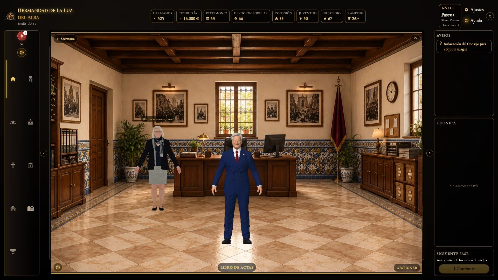 Captura del juego. Secretaría: Con el Libro de Actas a mano: lo que se acuerda en Junta queda escrito.