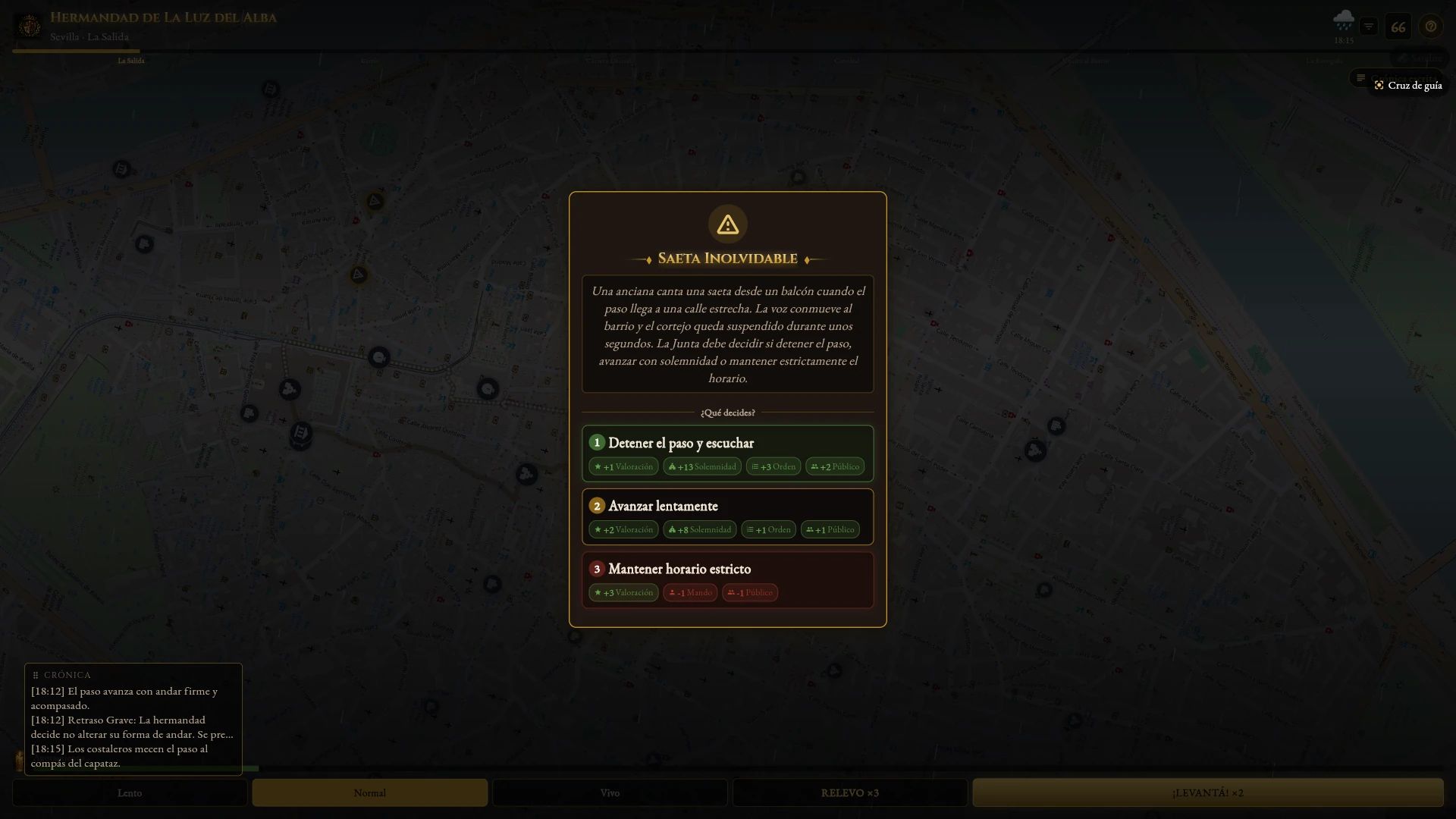 Captura del juego. Lo que pasa en la calle: Una saeta desde un balcón: ¿paras el paso o mantienes el horario? Cada suceso, tu decisión.